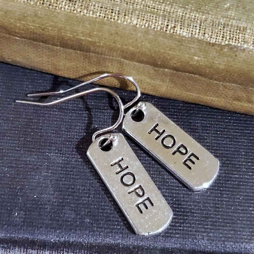 Handcrafted Hope Inspirational Word Message Carved Silver Black Earrings
